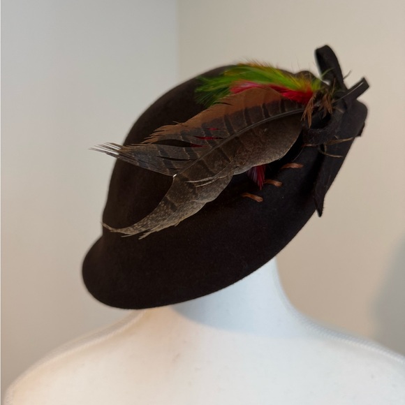 Vintage Dark Brown Wool  Hat with Feather Accent